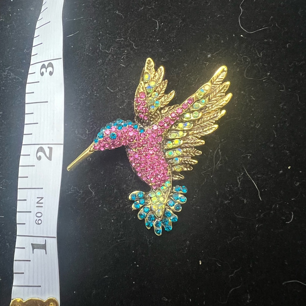 Pink and Teal Hummingbird Bird Pin Brooch Antique Hold Tone - Picture 4 of 5
